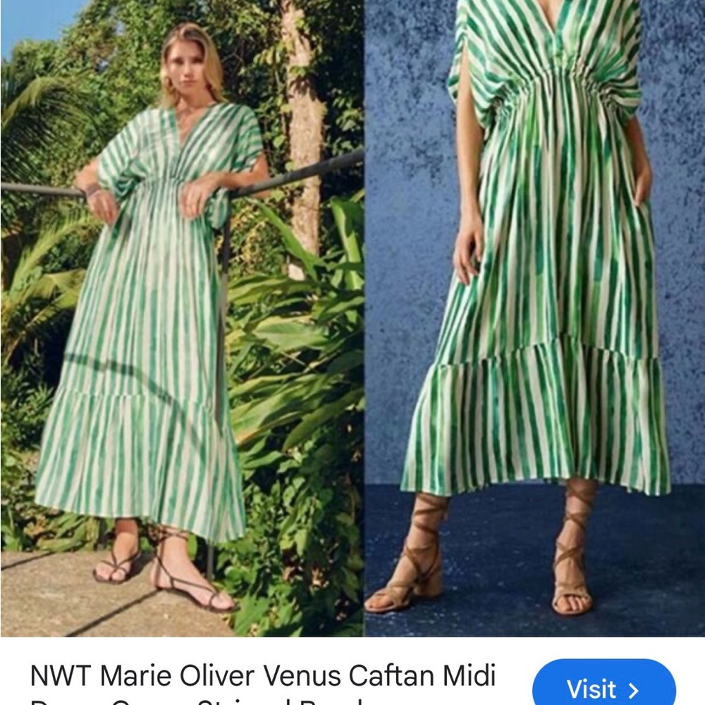 Marie Oliver Green and White Striped Midi Dress